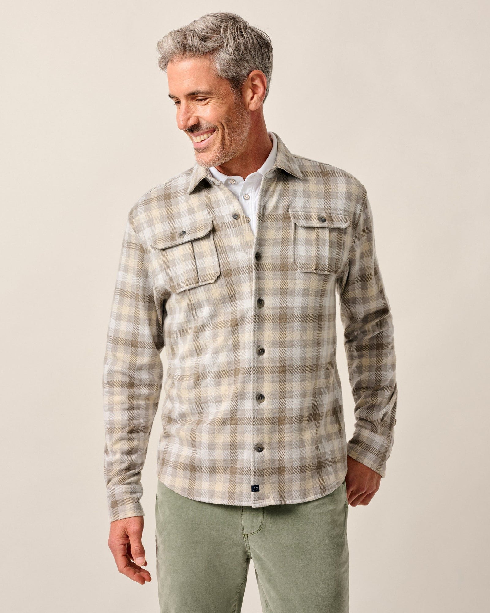 Johnnie-O Men's Marcelo Stretch Knit Flannel Lodge Shirt Apparel Johnnie-O Light Grey Small