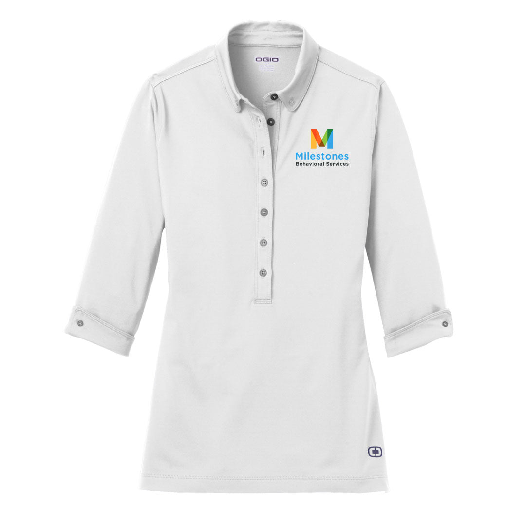 Milestones Ladies 3/4 Sleeve Polo Logowear Milestones Behavioral Services White Ladies XS