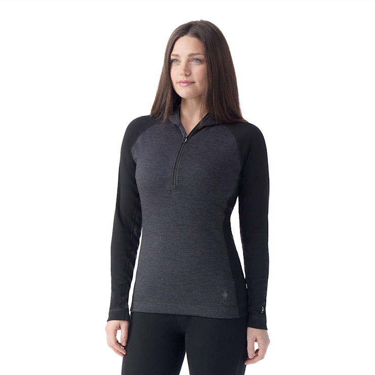 Smartwool Women's Classic Thermal Merino Base Layer 1/2 Zip Hoodie Apparel Smartwool Black/Charcoal Heather-A41 XSmall