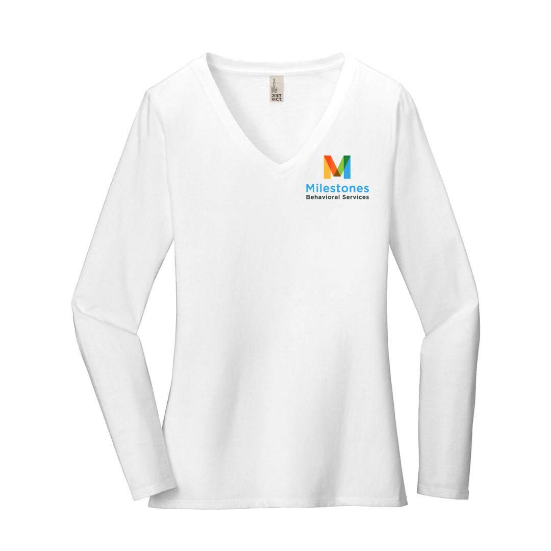 Milestones Ladies Cotton V neck Long Sleeve Logowear Milestones Behavioral Services White Ladies XS