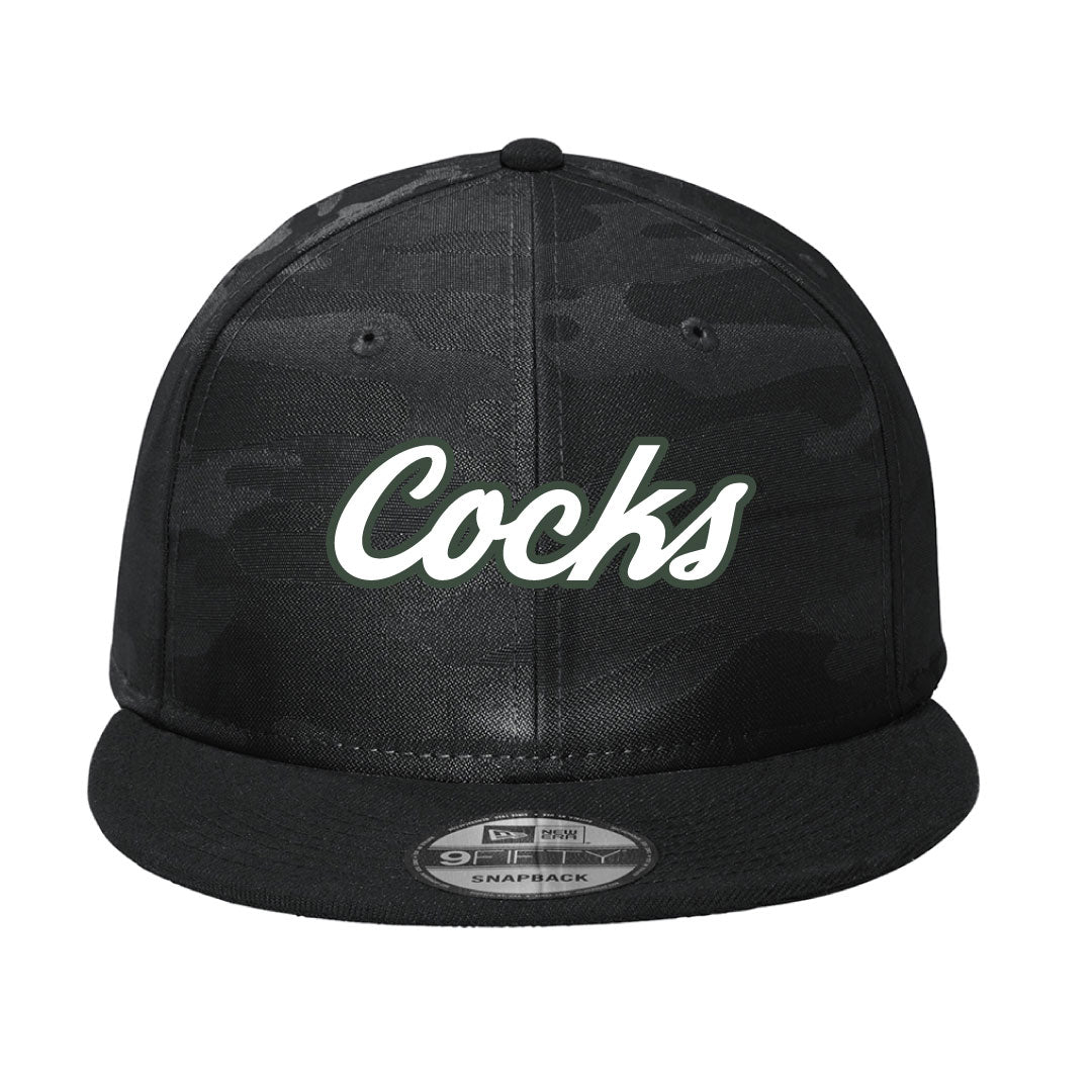 USC Rugby New Era® Camo Flat Bill Snapback Cap 3D Embroidery Logowear University of So. Carolina Rugby Black Camo White w Green Outline