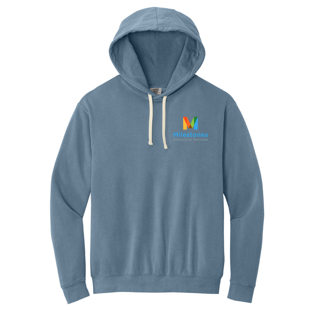 Milestones Comfort Colors Lightweight Hooded Sweatshirt Logowear Milestones Behavioral Services Blue Jean Adult S