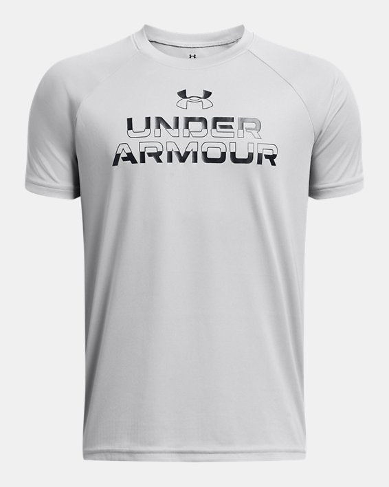 Under Armour Boys' Tech Split Wordmark Short Sleeve Apparel Under Armour Mod Gray/Black-011 Small