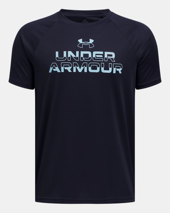 Under Armour Boys' Tech Split Wordmark Short Sleeve Apparel Under Armour Midnight Navy/Stream-410 Small