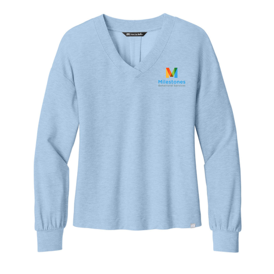 Milestones Women’s TravisMathew Long Weekend V-Neck Logowear Milestones Behavioral Services Blue Heather Ladies S