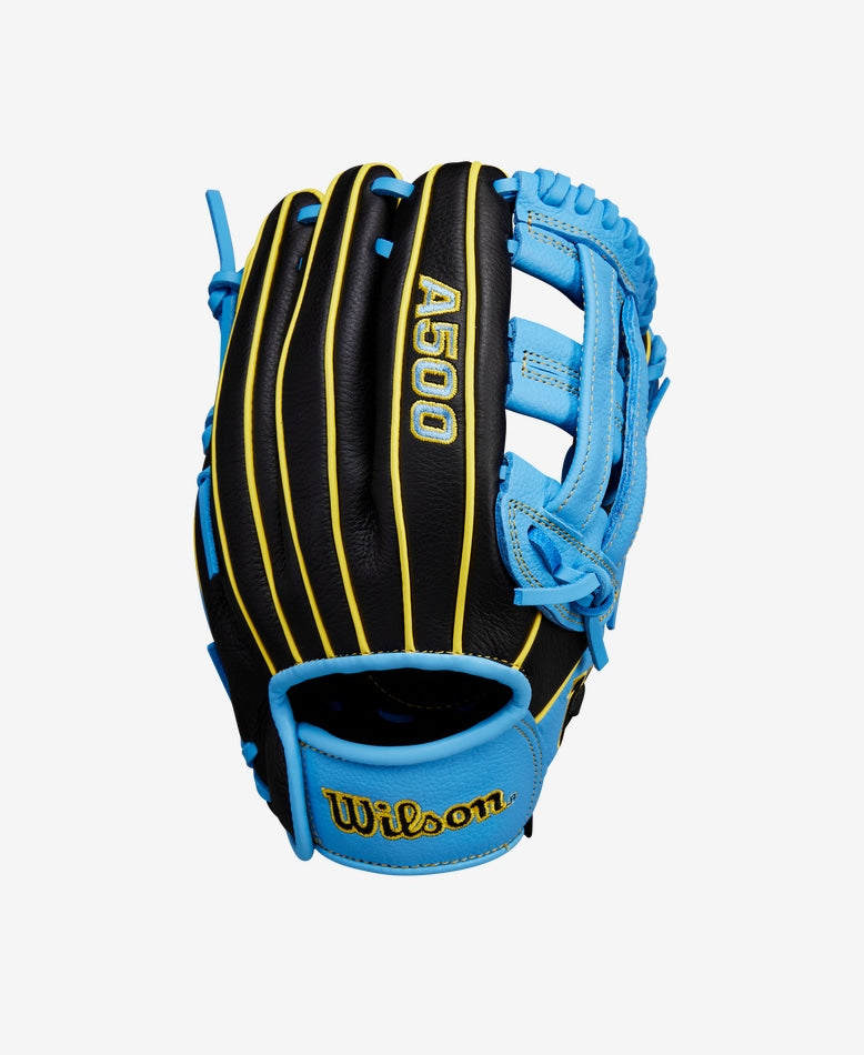 Wilson 2025 A500 10.5" Baseball Glove Equipment Wilson Black/Cool Blue/Yellow Right Hand Throw