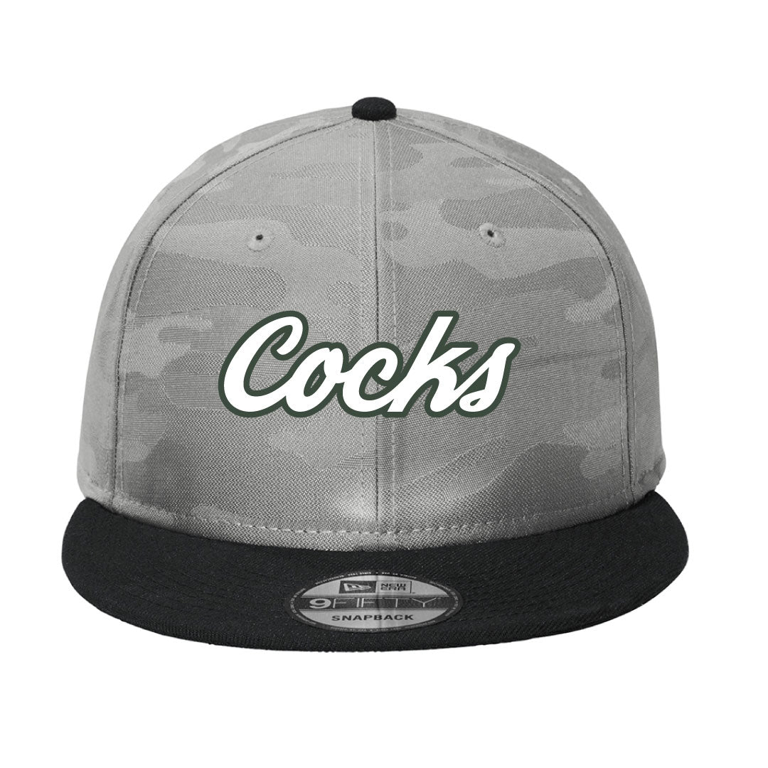 USC Rugby New Era® Camo Flat Bill Snapback Cap 3D Embroidery Logowear University of So. Carolina Rugby Grey Camo White w Green Outline
