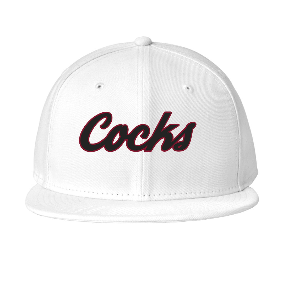 USC Rugby New Era® Standard Fit Flat Bill Snapback Cap 3D Embroidery Logowear University of So. Carolina Rugby Black w Red Outline White Hat