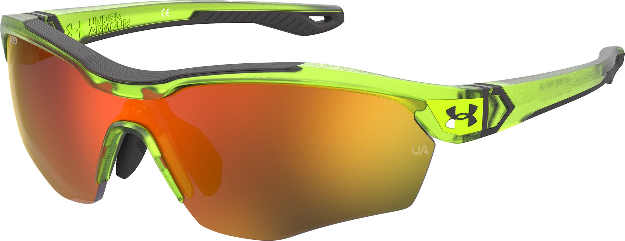 Under Armour Yard Pro Jr. Tuned Baseball Sunglasses Accessories Under Armour Matte Transparent Lime Surge/Jet Grey/Baseball Tune Orange Mirror  